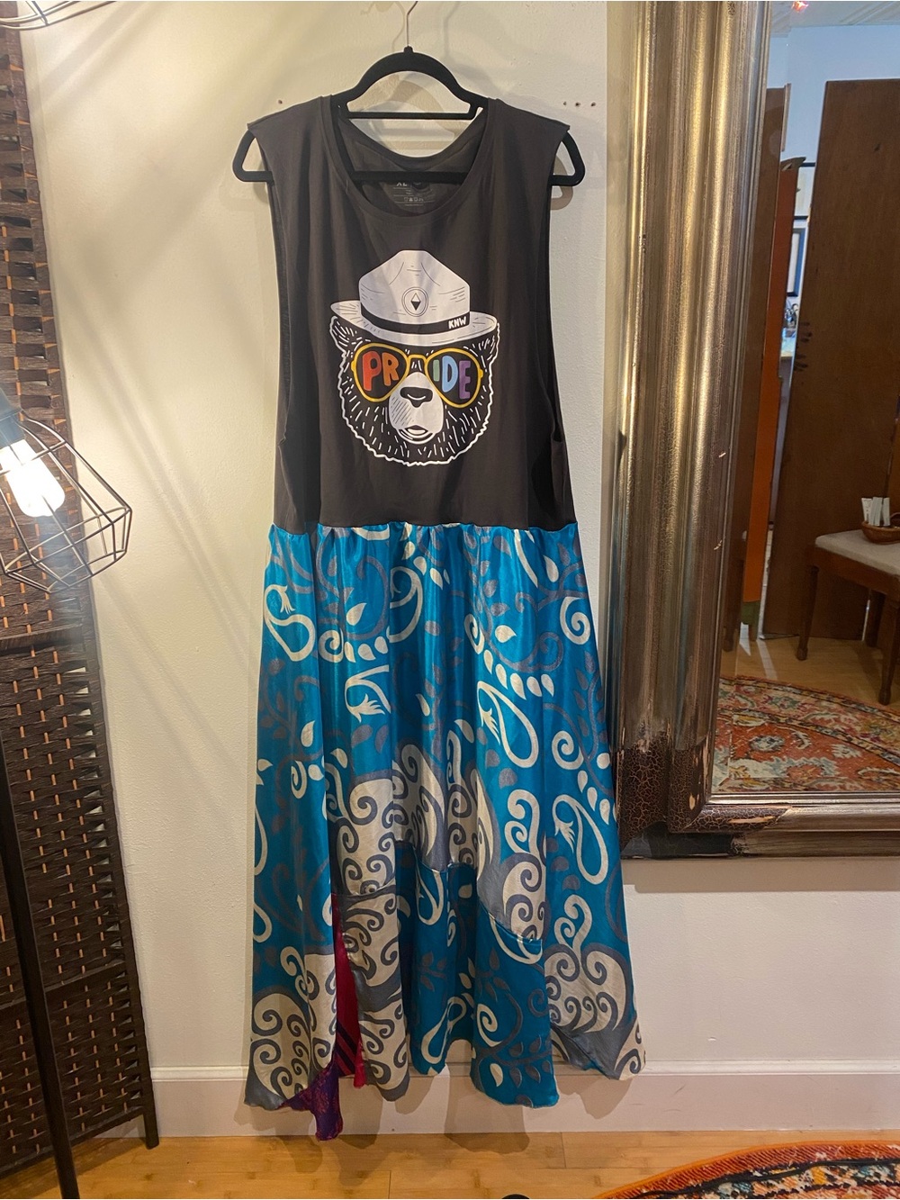 OOAK Upcycled Pride oversized Black Graphic Tank Top Dress with Blue Swirl Skirt